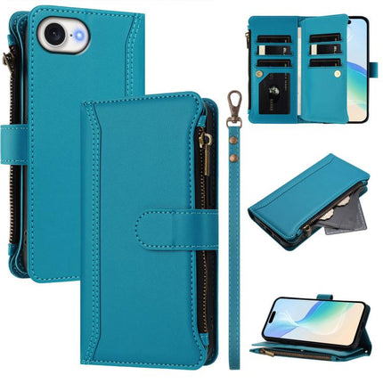 Magnetic Closure 9 Card Slots Zipper Leather Case with Hand Strap, For iPhone 17e / 16e, For iPhone 17 Pro Max, For iPhone 17 Pro, For iPhone 17