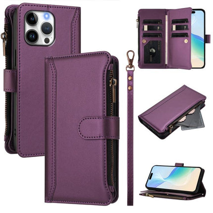 Magnetic Closure 9 Card Slots Zipper Leather Case with Hand Strap, For iPhone Air, For iPhone 16 Pro Max, For iPhone 16 Pro, For iPhone 16 Plus