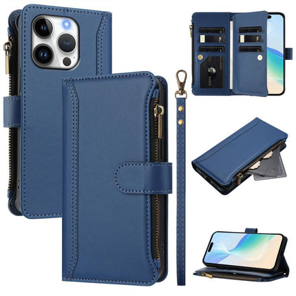 Magnetic Closure 9 Card Slots Zipper Leather Case with Hand Strap, For iPhone Air, For iPhone 16 Pro Max, For iPhone 16 Pro, For iPhone 16 Plus