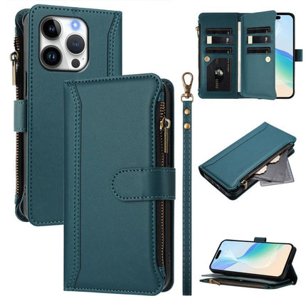 Magnetic Closure 9 Card Slots Zipper Leather Case with Hand Strap, For iPhone Air, For iPhone 16 Pro Max, For iPhone 16 Pro, For iPhone 16 Plus