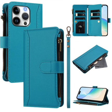 Magnetic Closure 9 Card Slots Zipper Leather Case with Hand Strap, For iPhone Air, For iPhone 16 Pro Max, For iPhone 16 Pro, For iPhone 16 Plus
