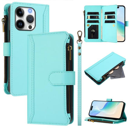 Magnetic Closure 9 Card Slots Zipper Leather Case with Hand Strap, For iPhone Air, For iPhone 16 Pro Max, For iPhone 16 Pro, For iPhone 16 Plus