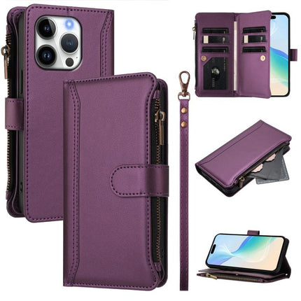 Magnetic Closure 9 Card Slots Zipper Leather Case with Hand Strap, For iPhone Air, For iPhone 16 Pro Max, For iPhone 16 Pro, For iPhone 16 Plus