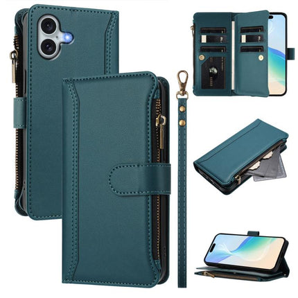 Magnetic Closure 9 Card Slots Zipper Leather Case with Hand Strap, For iPhone Air, For iPhone 16 Pro Max, For iPhone 16 Pro, For iPhone 16 Plus