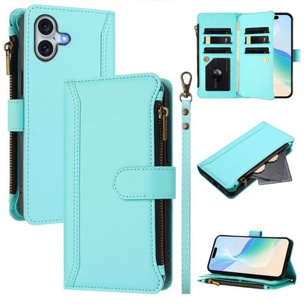 Magnetic Closure 9 Card Slots Zipper Leather Case with Hand Strap, For iPhone Air, For iPhone 16 Pro Max, For iPhone 16 Pro, For iPhone 16 Plus
