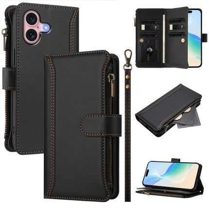 Magnetic Closure 9 Card Slots Zipper Leather Case with Hand Strap, For iPhone 16, For iPhone 15 Pro Max, For iPhone 15 Pro, For iPhone 15 Plus