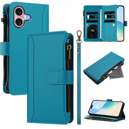 Magnetic Closure 9 Card Slots Zipper Leather Case with Hand Strap, For iPhone 16, For iPhone 15 Pro Max, For iPhone 15 Pro, For iPhone 15 Plus