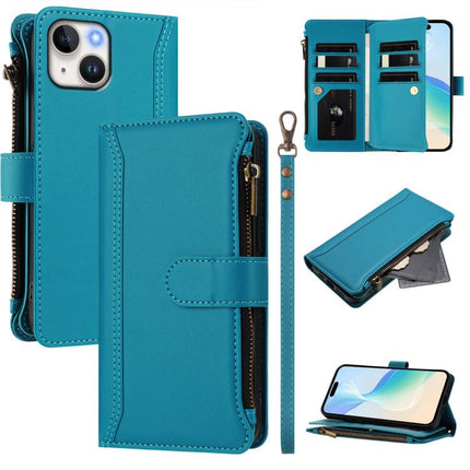 Magnetic Closure 9 Card Slots Zipper Leather Case with Hand Strap, For iPhone 15, For iPhone 14 Plus, For iPhone 14 / 13, For iPhone 14 Pro