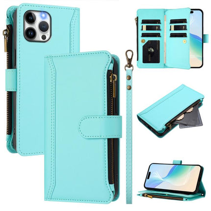 Magnetic Closure 9 Card Slots Zipper Leather Case with Hand Strap, For iPhone 13 mini, For iPhone 12 / 12 Pro, For iPhone 12 Pro Max, For iPhone 12 mini