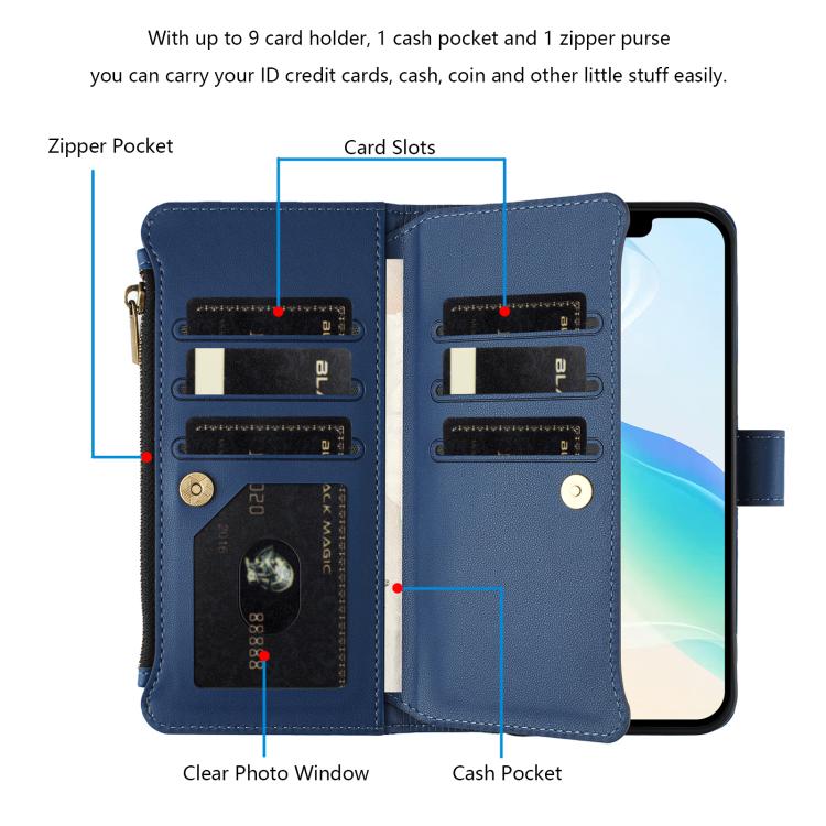 Magnetic Closure 9 Card Slots Zipper Leather Case with Hand Strap