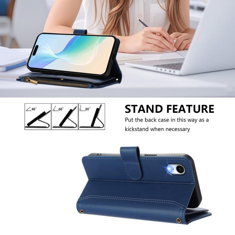 Magnetic Closure 9 Card Slots Zipper Leather Case with Hand Strap