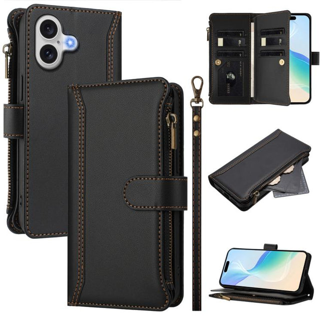 Magnetic Closure 9 Card Slots Zipper Leather Case with Hand Strap, For iPhone 17e / 16e, For iPhone 17 Pro Max, For iPhone 17 Pro, For iPhone 17