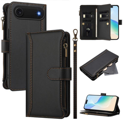 Magnetic Closure 9 Card Slots Zipper Leather Case with Hand Strap, For iPhone Air, For iPhone 16 Pro Max, For iPhone 16 Pro, For iPhone 16 Plus