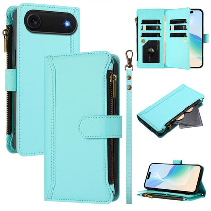 Magnetic Closure 9 Card Slots Zipper Leather Case with Hand Strap, For iPhone Air, For iPhone 16 Pro Max, For iPhone 16 Pro, For iPhone 16 Plus