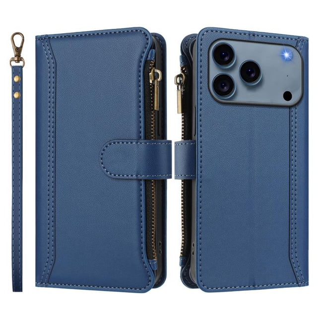 Magnetic Closure 9 Card Slots Zipper Leather Case with Hand Strap, For iPhone 17e / 16e, For iPhone 17 Pro Max, For iPhone 17 Pro, For iPhone 17