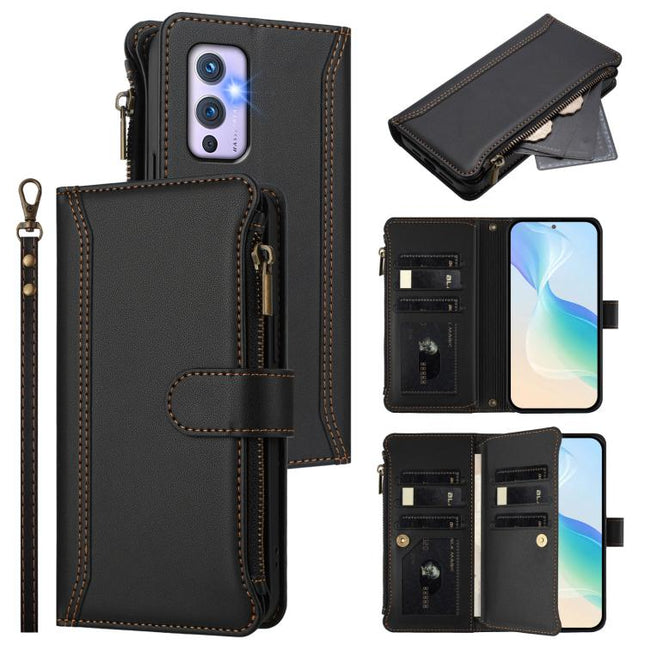 Magnetic Closure 9 Card Slots Zipper Leather Case with Hand Strap, For OnePlus 9R / 8T, For OnePlus Nord 2 5G, For OnePlus 9 Pro, For OnePlus 9