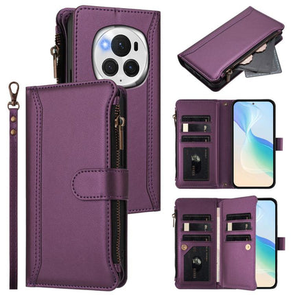 Magnetic Closure 9 Card Slots Zipper Leather Case with Hand Strap, For Honor 90 Smart 5G Global, For Honor Magic6 Pro 5G Global, For Honor Magic6 5G Global, For Honor X8b 4G Global