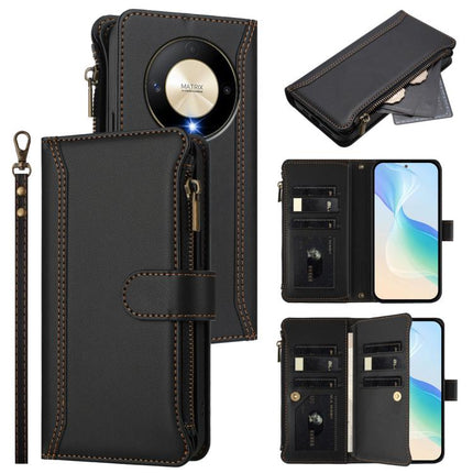 Magnetic Closure 9 Card Slots Zipper Leather Case with Hand Strap, For Honor X9b 5G Global, For Honor 100 Pro 5G, For Honor X8 5G Global, For Honor 90 Lite 5G / X50i 5G