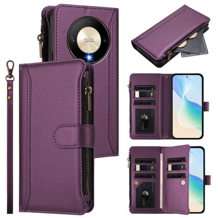 Magnetic Closure 9 Card Slots Zipper Leather Case with Hand Strap, For Honor X9b 5G Global, For Honor 100 Pro 5G, For Honor X8 5G Global, For Honor 90 Lite 5G / X50i 5G