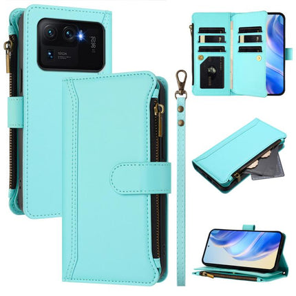 Magnetic Closure 9 Card Slots Zipper Leather Case with Hand Strap, For Xiaomi Mi 11 Lite 4G / 5G, For Xiaomi 11T / 11T Pro, For Xiaomi Poco X3 GT, For Xiaomi Mi 11 Ultra