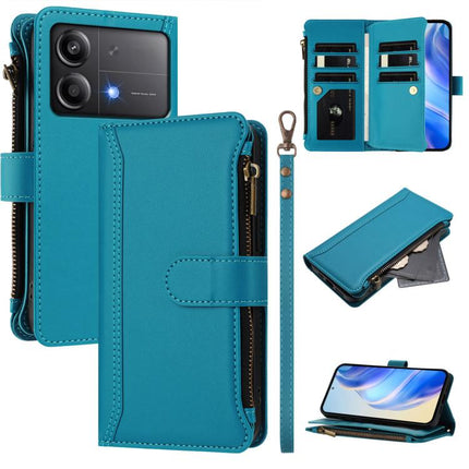 Magnetic Closure 9 Card Slots Zipper Leather Case with Hand Strap, For Xiaomi 14T, For Xiaomi Poco F6, For Xiaomi Poco F6 Pro, For Xiaomi Poco X6 Neo