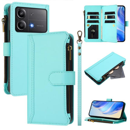 Magnetic Closure 9 Card Slots Zipper Leather Case with Hand Strap, For Xiaomi 14T, For Xiaomi Poco F6, For Xiaomi Poco F6 Pro, For Xiaomi Poco X6 Neo