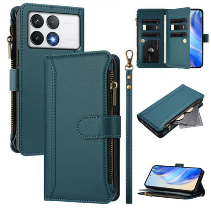 Magnetic Closure 9 Card Slots Zipper Leather Case with Hand Strap, For Xiaomi 14T, For Xiaomi Poco F6, For Xiaomi Poco F6 Pro, For Xiaomi Poco X6 Neo