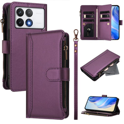 Magnetic Closure 9 Card Slots Zipper Leather Case with Hand Strap, For Xiaomi 14T, For Xiaomi Poco F6, For Xiaomi Poco F6 Pro, For Xiaomi Poco X6 Neo