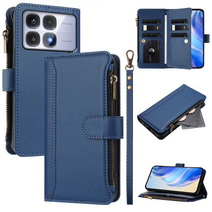 Magnetic Closure 9 Card Slots Zipper Leather Case with Hand Strap, For Redmi Note 14 Pro+ 5G, For Redmi K70 Ultra, For Redmi A3 / A3x / Poco C61, For Redmi Note 13 Pro 4G / Poco M6 Pro 4G
