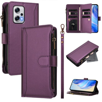 Magnetic Closure 9 Card Slots Zipper Leather Case with Hand Strap, For Redmi Note 13 Pro+ 5G, For Redmi 12 4G / 5G / Note 12R, For Redmi Note 11T Pro+ / Poco X4 GT, For Redmi Note 12 Turbo / Poco F5