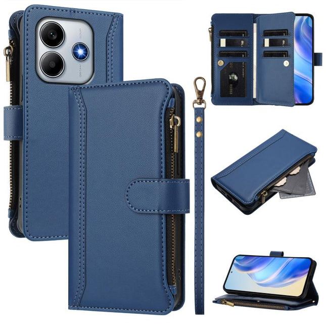 Magnetic Closure 9 Card Slots Zipper Leather Case with Hand Strap, For Redmi A5 4G 173.3mm, For Redmi Note 14 4G 164.84mm, For Redmi Note 14 Pro 5G, For Redmi Note 14 5G / Poco M7 Pro 5G