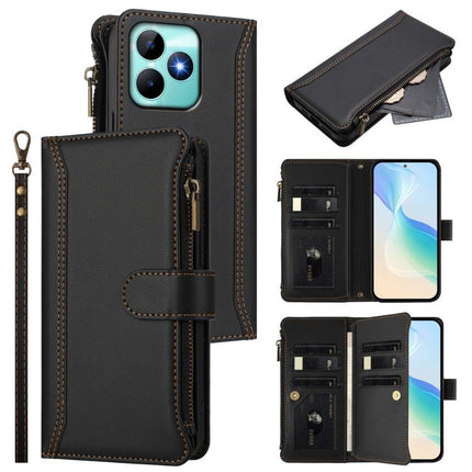 Magnetic Closure 9 Card Slots Zipper Leather Case with Hand Strap, For Realme GT 6 5G Global / GT 6T 5G Global, For Realme C67 4G Global / 12 Lite 4G Global, For Realme 12 Pro 5G Global / P1 Pro 5G, For Realme C53 4G Global / C51 4G