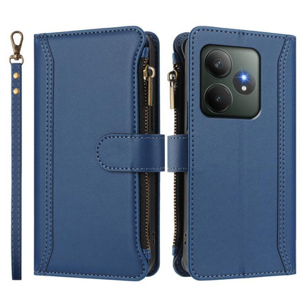 Magnetic Closure 9 Card Slots Zipper Leather Case with Hand Strap, For Realme GT 6 5G Global / GT 6T 5G Global, For Realme C67 4G Global / 12 Lite 4G Global, For Realme 12 Pro 5G Global / P1 Pro 5G, For Realme C53 4G Global / C51 4G