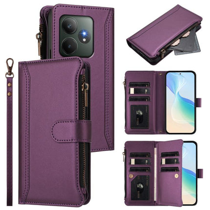 Magnetic Closure 9 Card Slots Zipper Leather Case with Hand Strap, For Realme GT 6 5G Global / GT 6T 5G Global, For Realme C67 4G Global / 12 Lite 4G Global, For Realme 12 Pro 5G Global / P1 Pro 5G, For Realme C53 4G Global / C51 4G