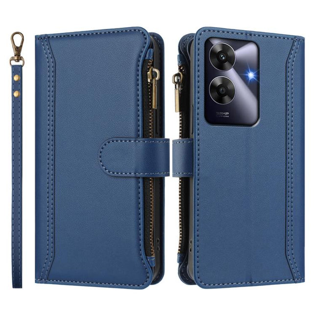 Magnetic Closure 9 Card Slots Zipper Leather Case with Hand Strap, For Realme Note 60 4G Global / Narzo N63 4G, For Realme 13+ 5G Global, For Realme 13 4G Global / P1 5G Global, For Realme 13 Pro 5G Global