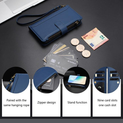 Magnetic Closure 9 Card Slots Zipper Leather Case with Hand Strap, For Realme 15T 5G Global, For Realme 15 / 15 Pro 5G Global, For Realme C71 4G Global, For Realme GT7