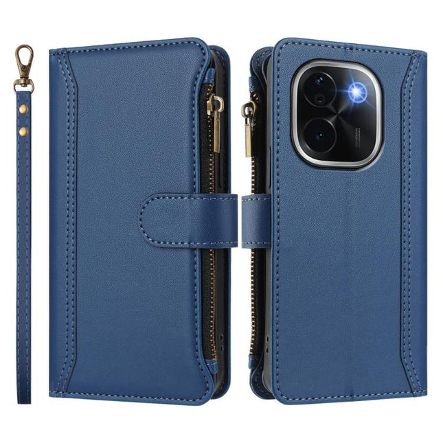 Magnetic Closure 9 Card Slots Zipper Leather Case with Hand Strap, For vivo iQOO Z9s Pro 5G India, For vivo Y03 4G Global / Y18 4G Global, For vivo V40 Lite 5G Global / V30e 5G Global, For vivo S19