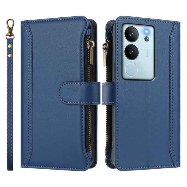 Magnetic Closure 9 Card Slots Zipper Leather Case with Hand Strap, For vivo V29E 5G Global / V30 Lite 5G Global, For vivo Y17S 4G Global, For vivo X100 5G, For vivo V29 5G Global