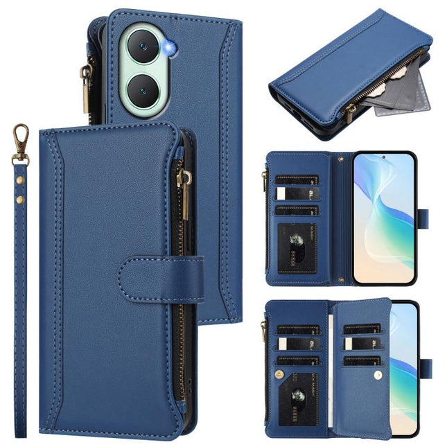 Magnetic Closure 9 Card Slots Zipper Leather Case with Hand Strap, For vivo iQOO Z9s Pro 5G India, For vivo Y03 4G Global / Y18 4G Global, For vivo V40 Lite 5G Global / V30e 5G Global, For vivo S19