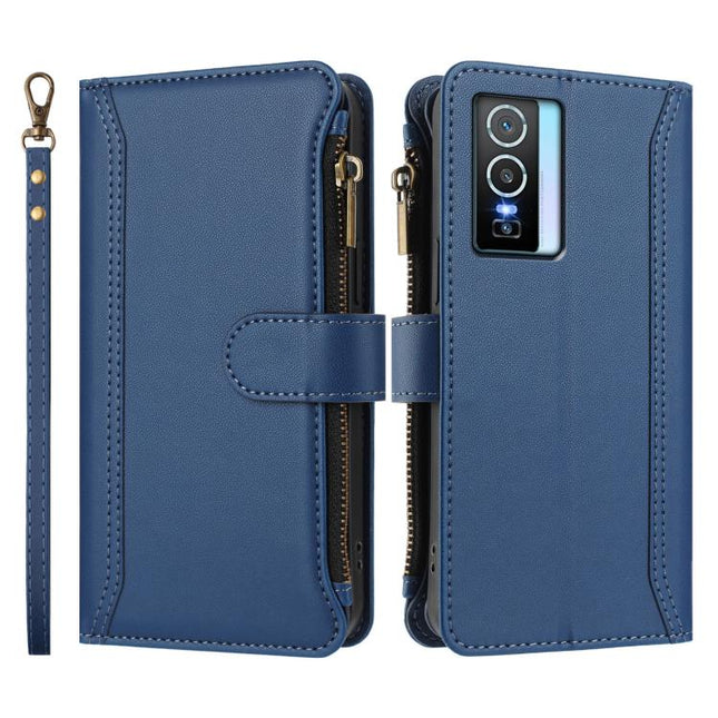 Magnetic Closure 9 Card Slots Zipper Leather Case with Hand Strap, For vivo Y76 5G, For vivo Y53S 4G / Y51A 2021 / Y33 4G 2021, For vivo Y52S 5G / iQOO U3 / Y31S 5G, For vivo Y70S