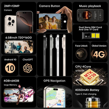 I16 Pro Max / PDQ6, 4GB+64GB, 6.58 inch Android 10 MTK6739 Quad Core, Network: 4G, Dual SIM, EU Plug, US Plug, UK Plug, AU Plug