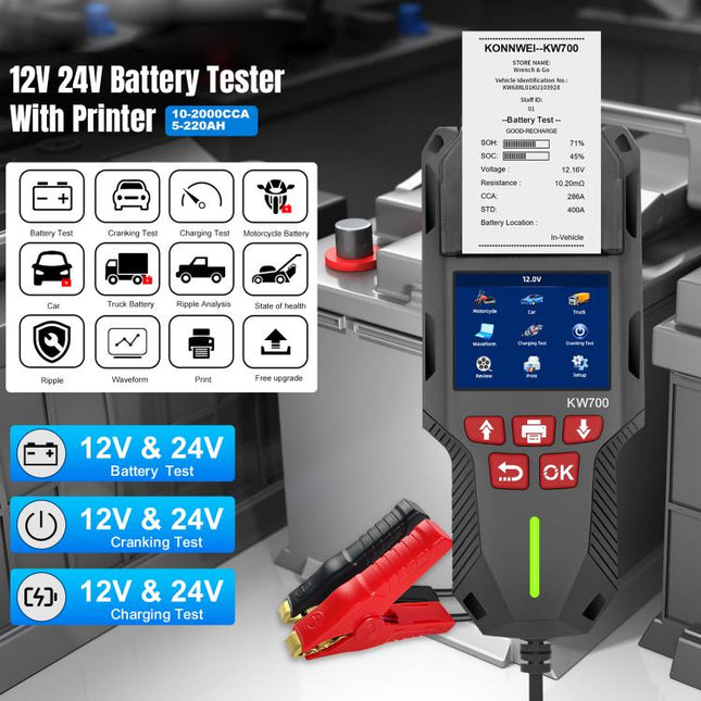 KONNWEI KW700 12V / 24V 2.8 inch Color Screen Car Battery Tester with Printer, KW700