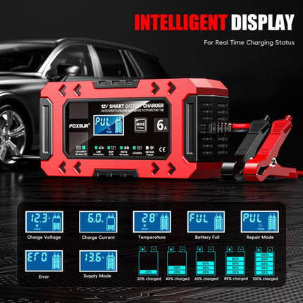 FOXSUR FBC1206F 12V 6A Car Motorcycle Battery Charger Smart Repair Multi-function Charger