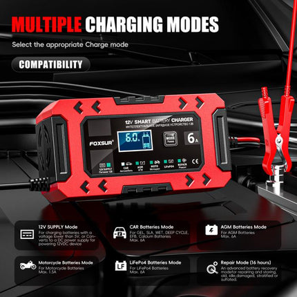 FOXSUR FBC1206F 12V 6A Car Motorcycle Battery Charger Smart Repair Multi-function Charger