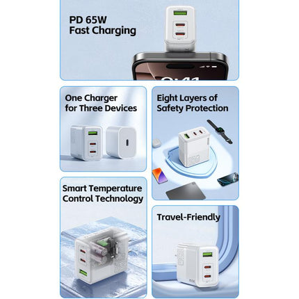 WK WP-U66 Kinkong 65W Dual USB-C / Type-C + USB GaN Fast Charger, UK Plug, US Plug, EU Plug
