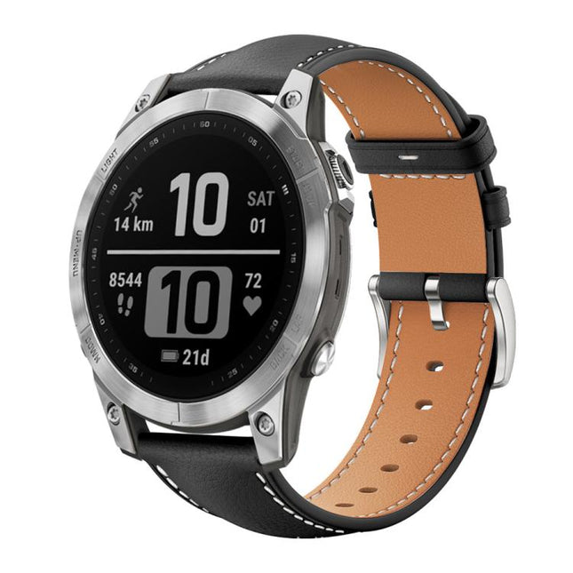 xDfind Flat Head Black Shark Fine Grain Leather Watch Band, For Garmin Fenix 8/7/6/5 22mm 20mm, For Garmin Fenix 8/7X/6X/5X 26mm 22mm, For Garmin Forerunner 220/735/735XT/230/235 20mm, For Garmin Forerunner 35/30/35j 20mm