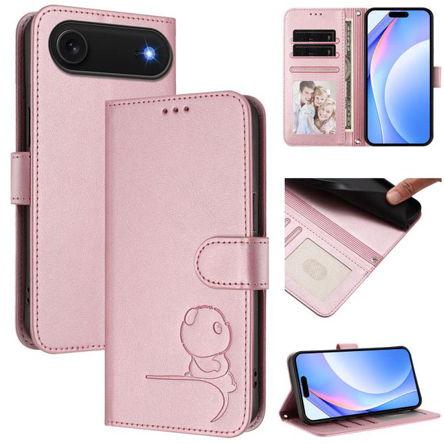 Litter Panda Embossing RFID Leather Phone Case with Lanyard, For iPhone Air, For iPhone 16 Pro Max, For iPhone 16 Pro, For iPhone 16 Plus