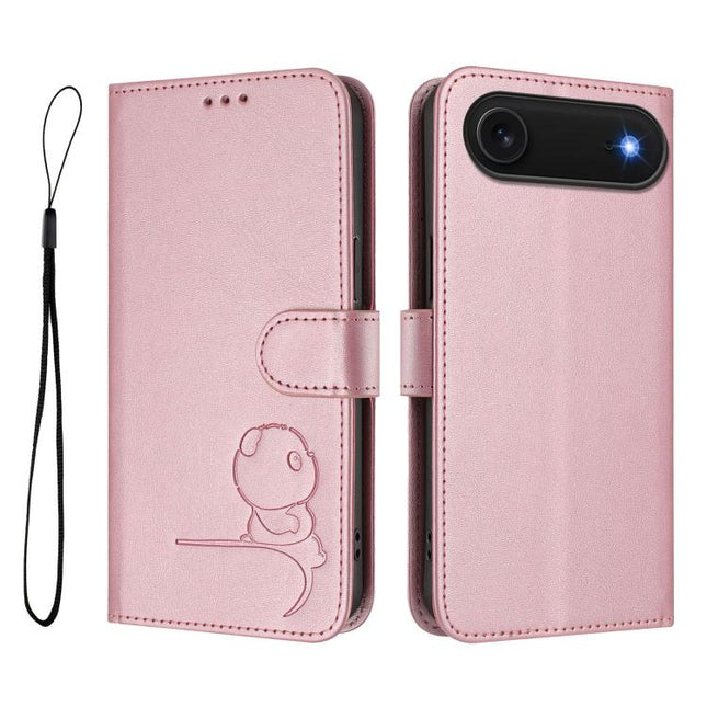 Litter Panda Embossing RFID Leather Phone Case with Lanyard, For iPhone Air, For iPhone 16 Pro Max, For iPhone 16 Pro, For iPhone 16 Plus