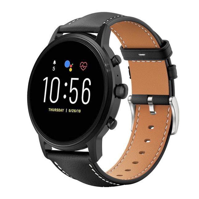 xDfind Flat Head Black Shark Fine Grain Leather Watch Band, 22mm For Fossil Gen 5 Carlyle/Julianna/Garrett