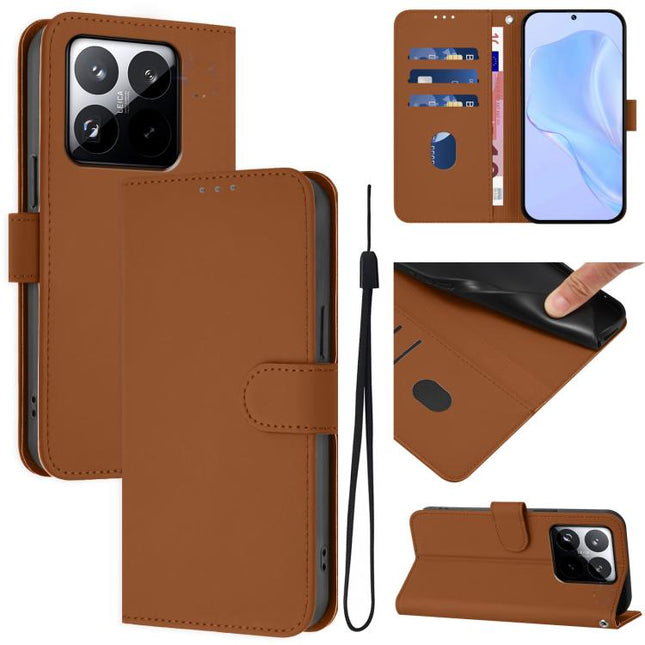 Skin Feel Solid Color Leather Phone Case with Lanyard, For Xiaomi 15T 5G